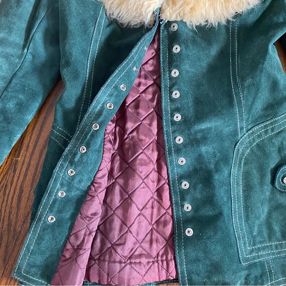 Vintage Suede Jacket w/ Fur Collar 🌲Forest Green, Buttoned, Penny Lane Style😍 - Picture 3 of 16
